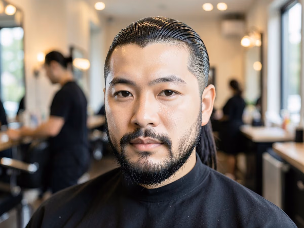 Man with a slicked back ponytail