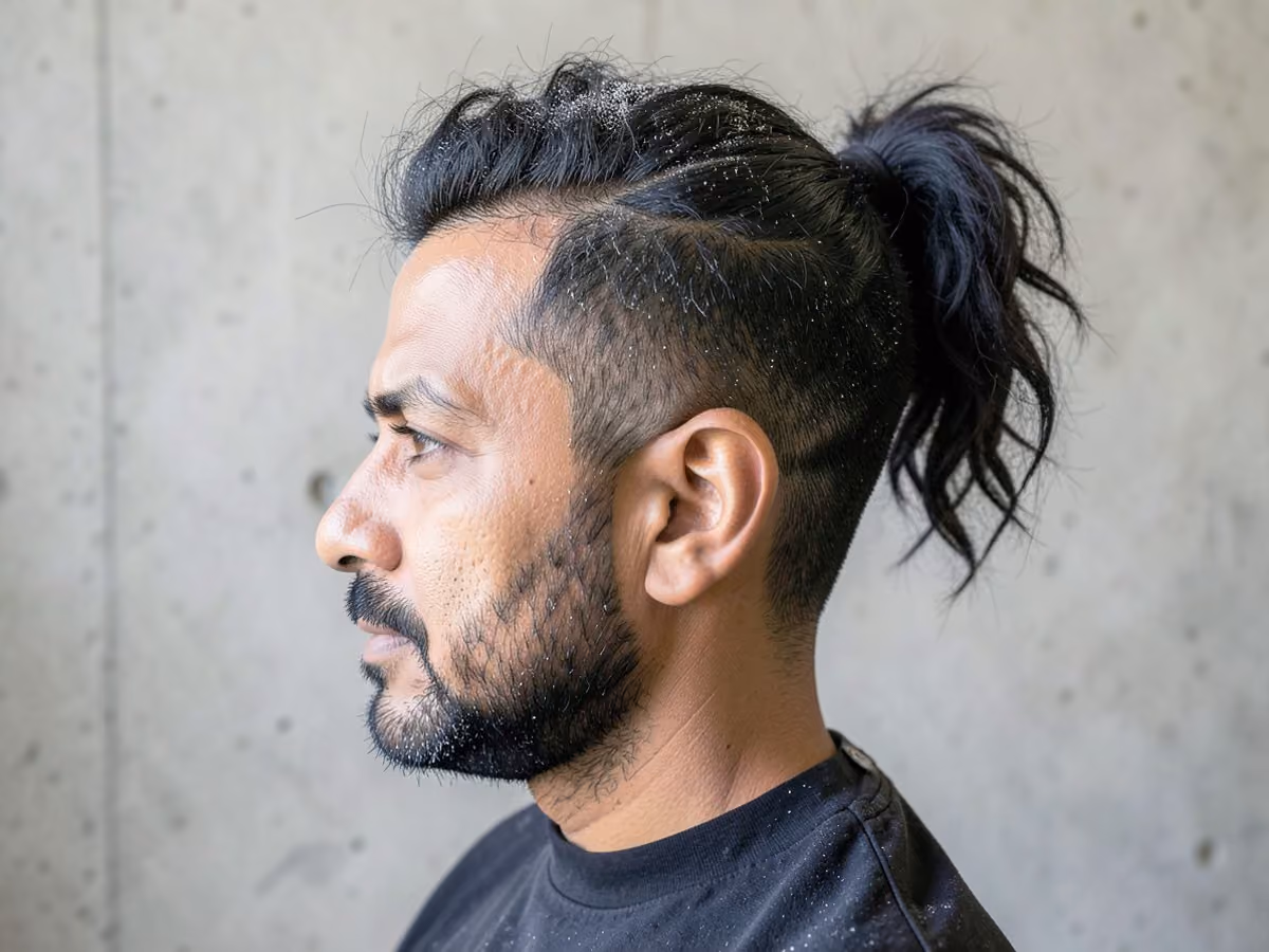 Man with a textured ponytail haircut