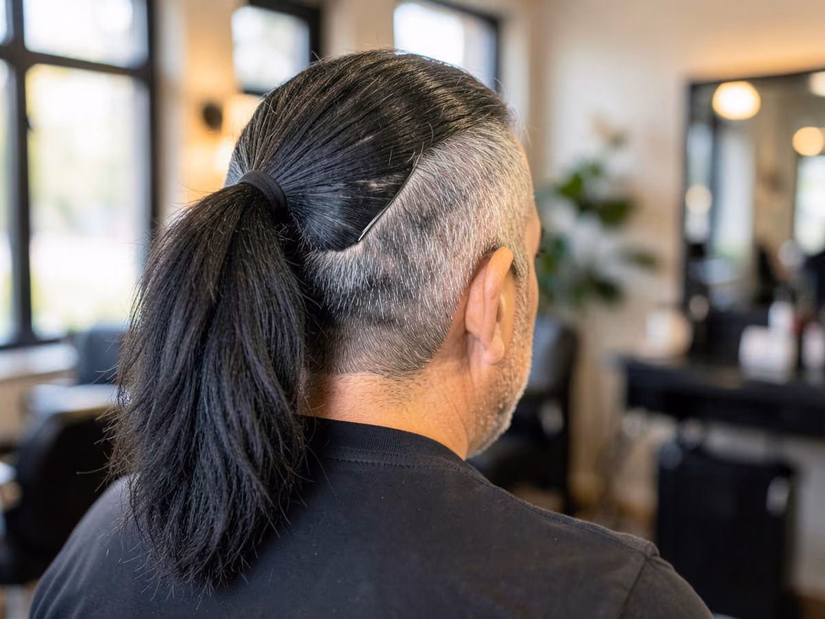 Man with a thick hair ponytail