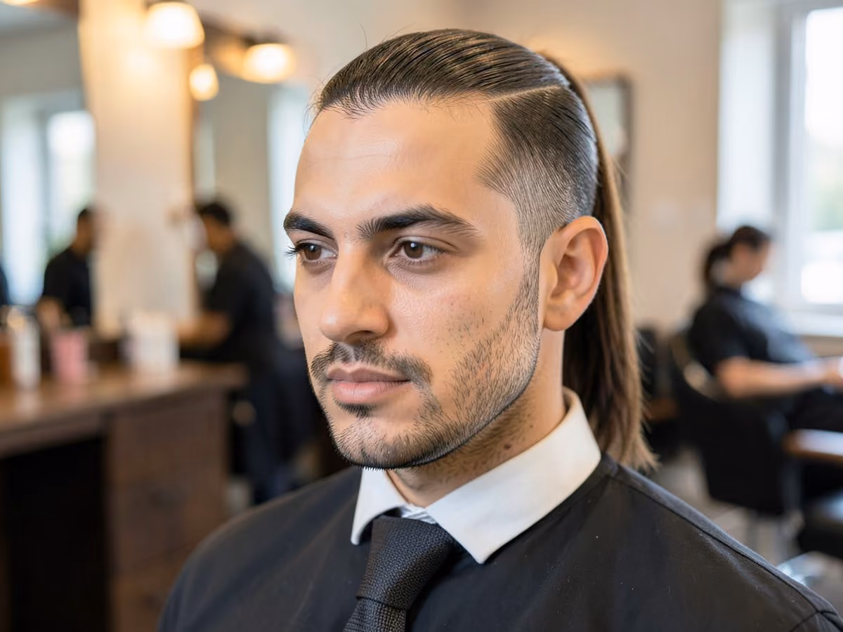 Man with a thin hair ponytail
