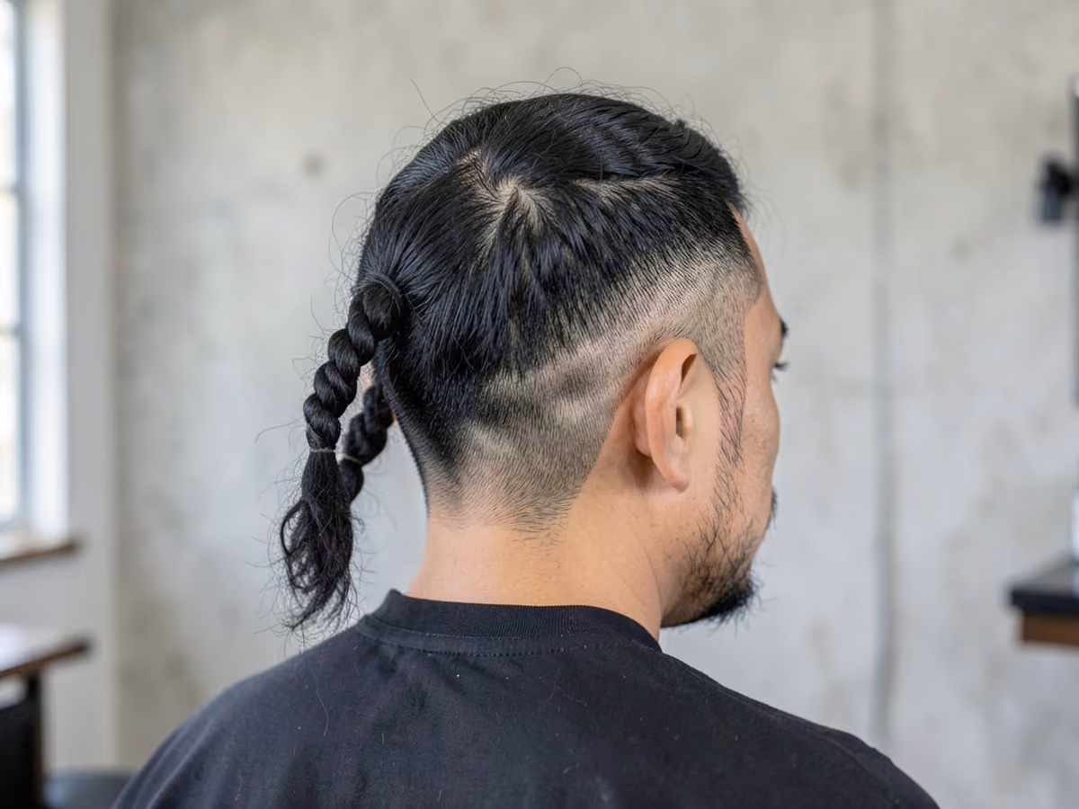 Man with a twisted ponytail haircut