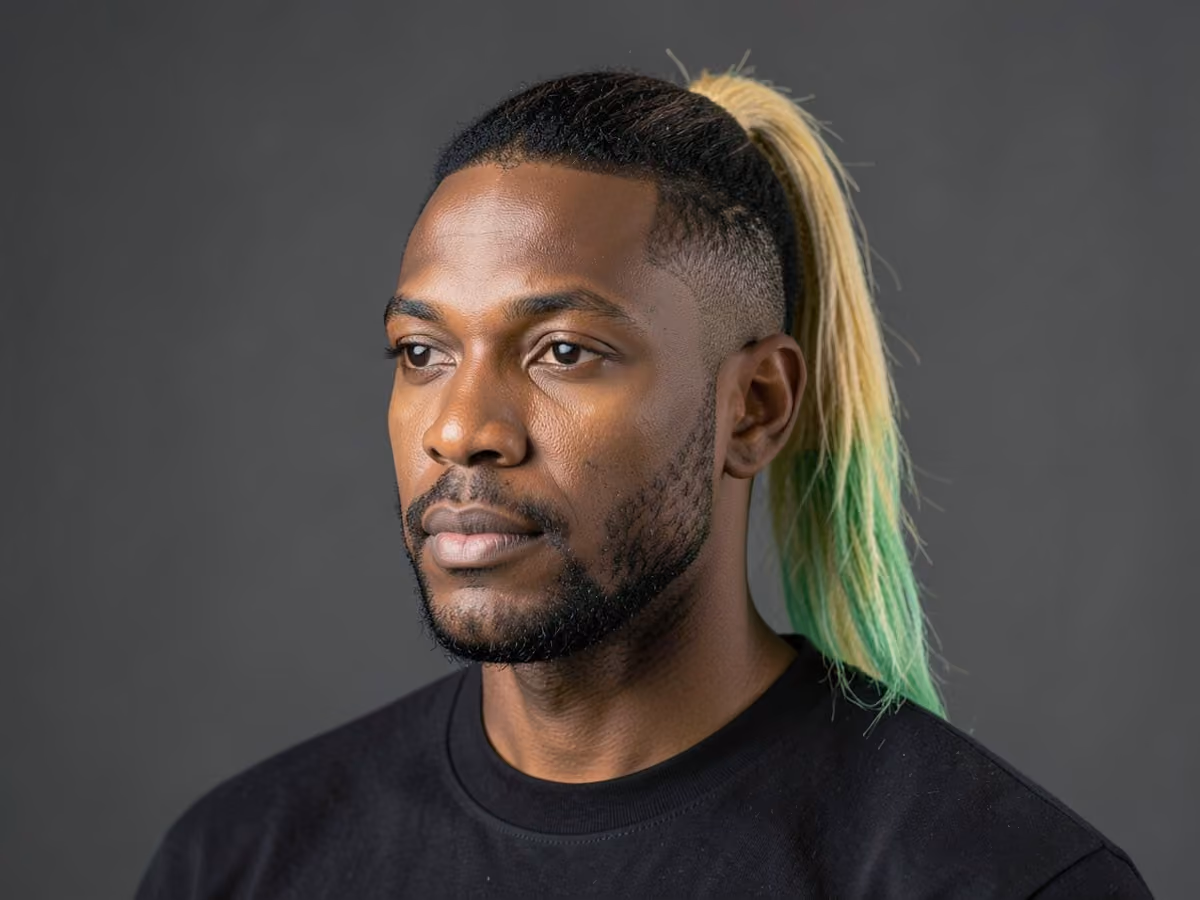 Man with a two-tone ponytail haircut