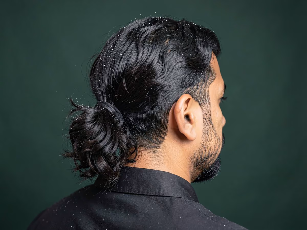 Man with a wavy ponytail haircut
