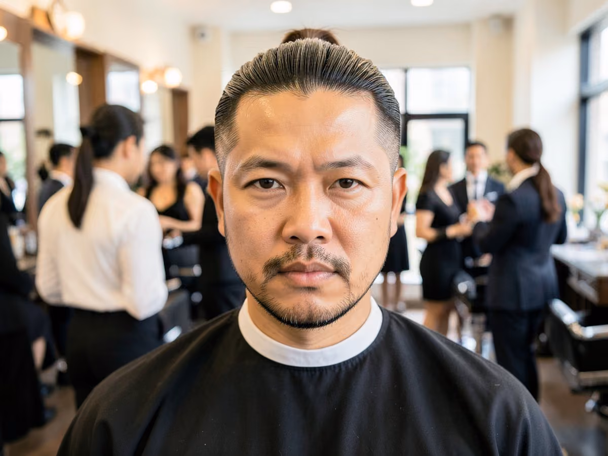 Man with a wedding ponytail haircut