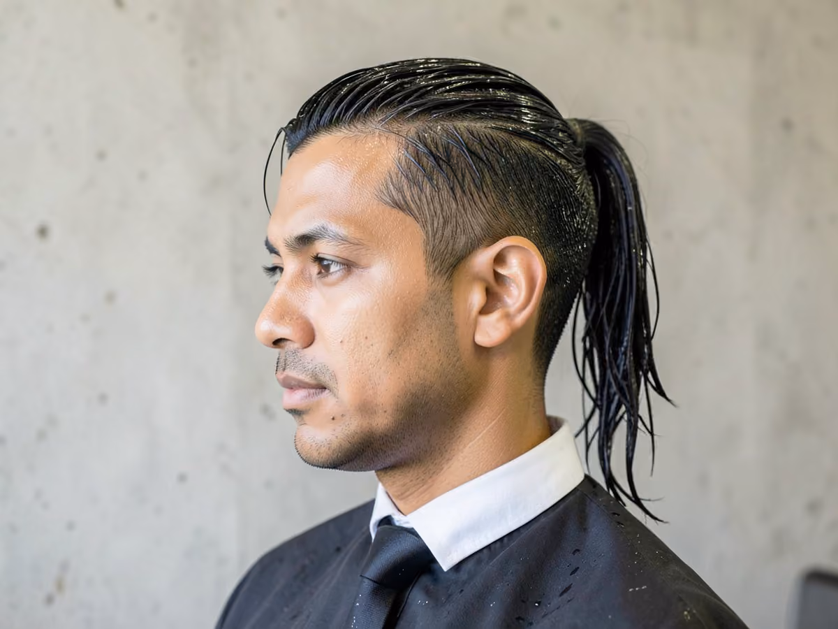 Man with a wet-look ponytail haircut
