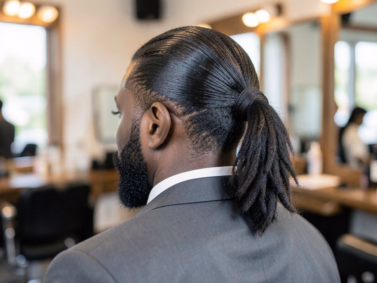 Man with a prom low ponytail haircut