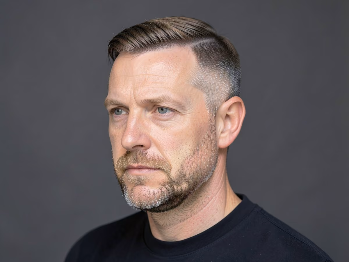 Man with a prom side part with stubble