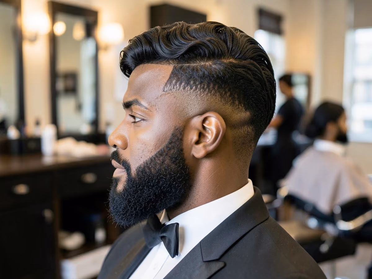 Man with a prom waves with line-up haircut
