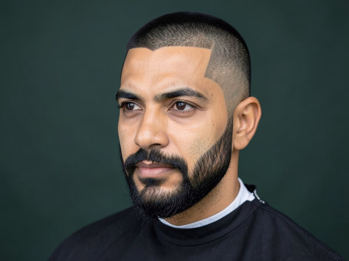 Man with a razor fade with boxed beard
