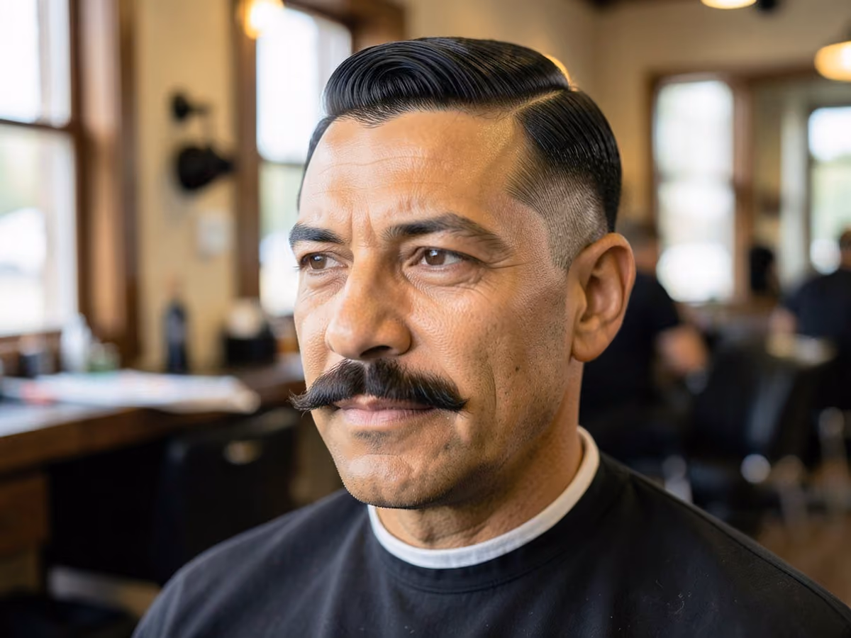 Man with a pencil mustache side part