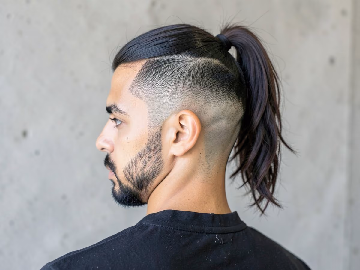 Man with a shaved sides ponytail haircut