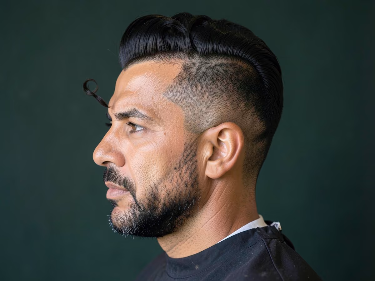 Man with a pompadour with kiss curl