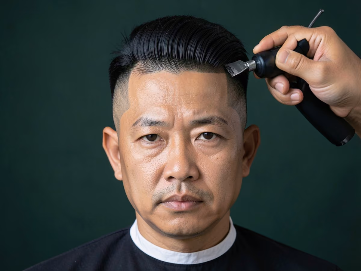 Man with a rockabilly hair with hard part