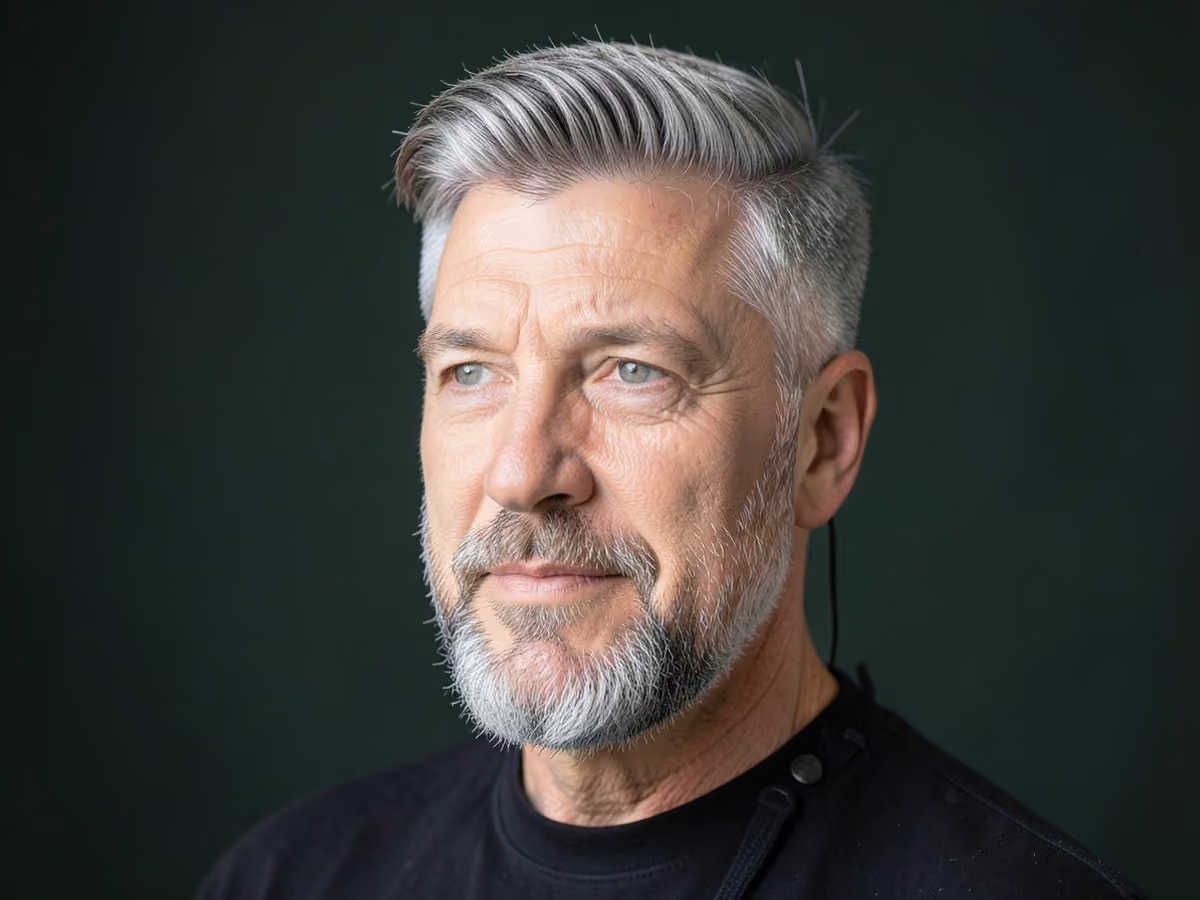 Man with a rockabilly hair with short beard
