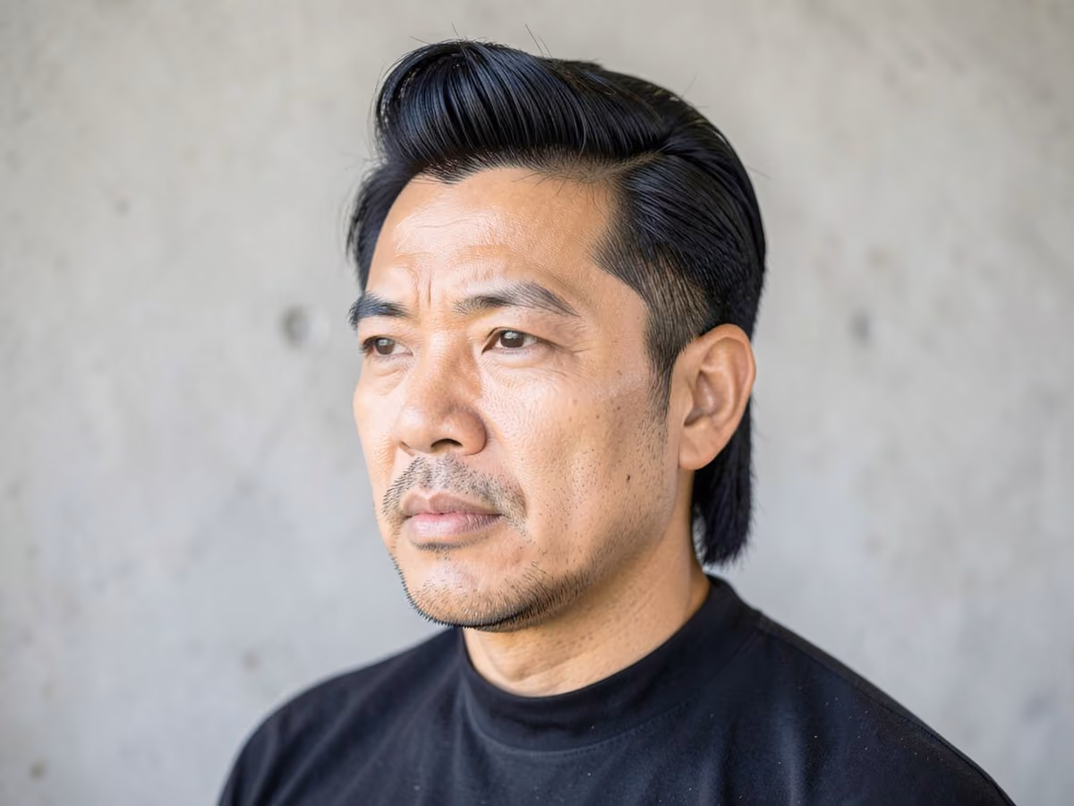 Man with a rockabilly pompadour with sideburns