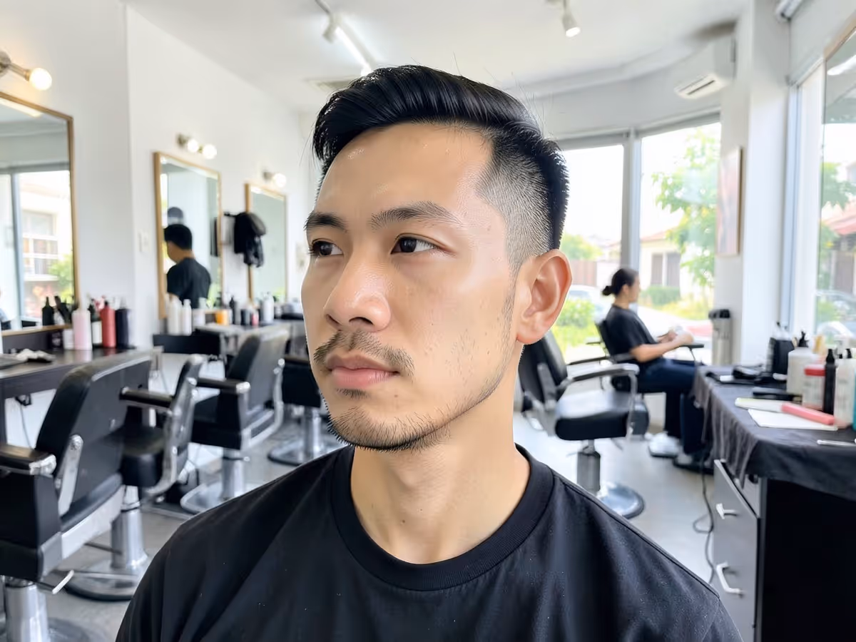 Man with short black hair styled up, seated in a barbershop
