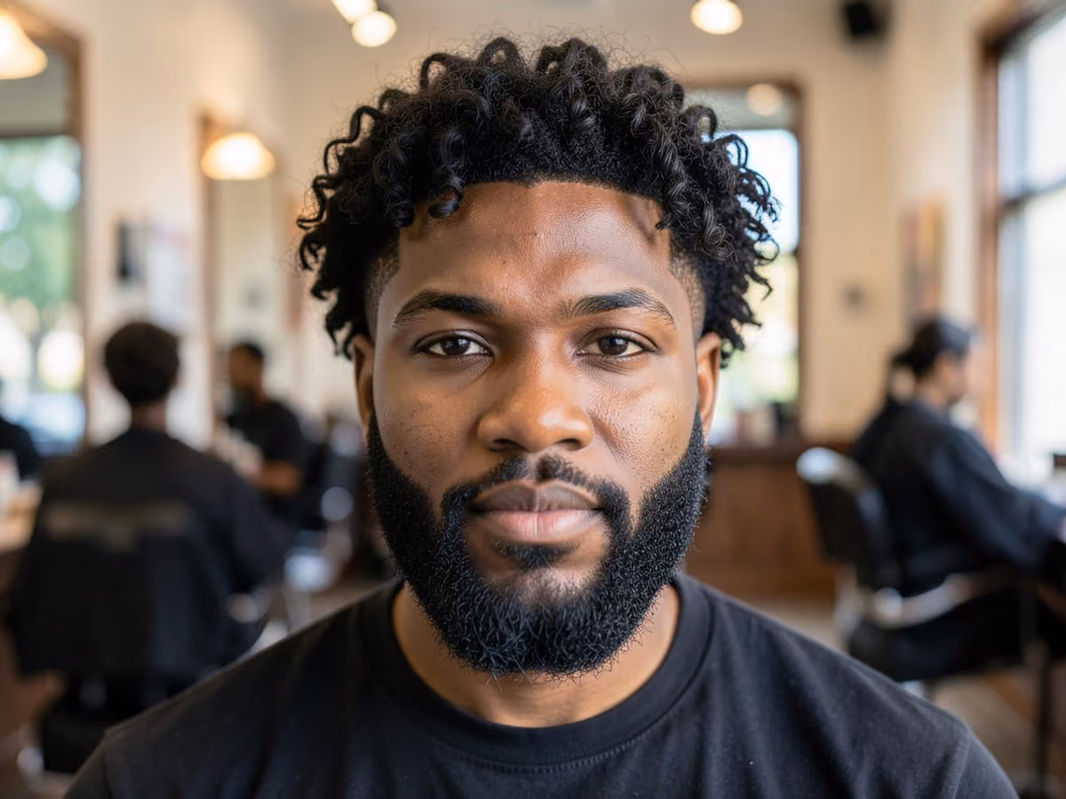 Man with a shadow fade curly top