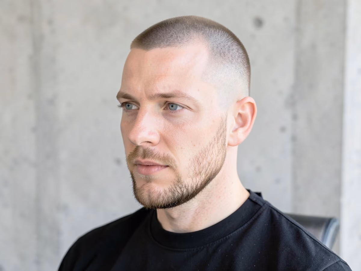 Man with a buzz cut with shaved sides