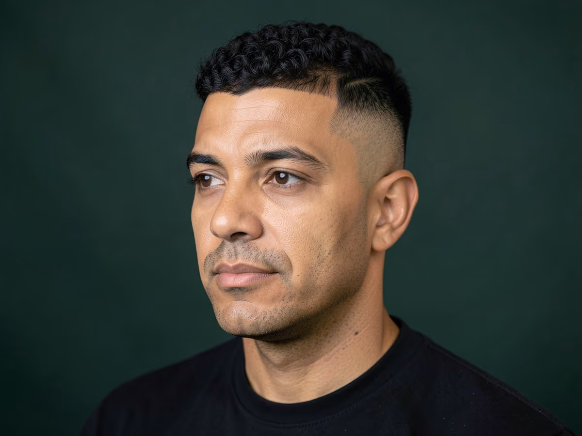 Man with a caesar cut with shaved sides