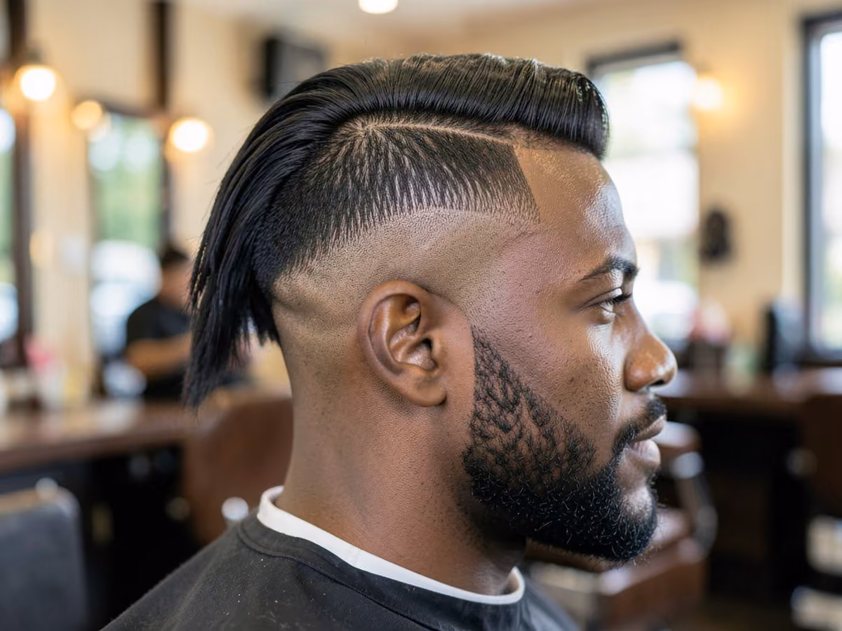 Man with a ducktail with shaved sides haircut