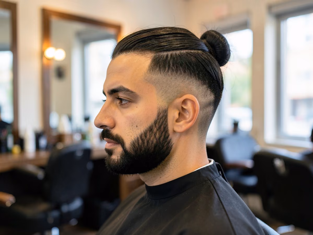 Man with a half-up bun with shaved sides haircut