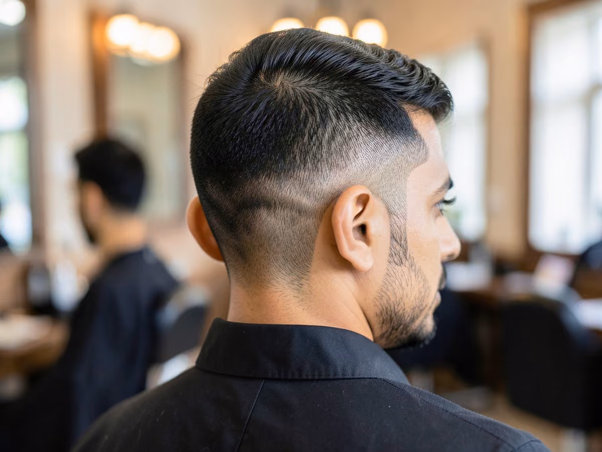 Man with an ivy league with shaved sides haircut