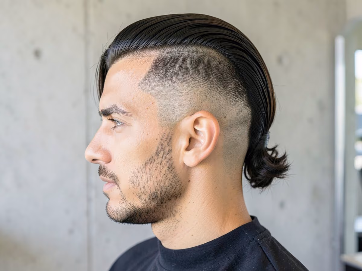 Man with a long slick back with shaved sides