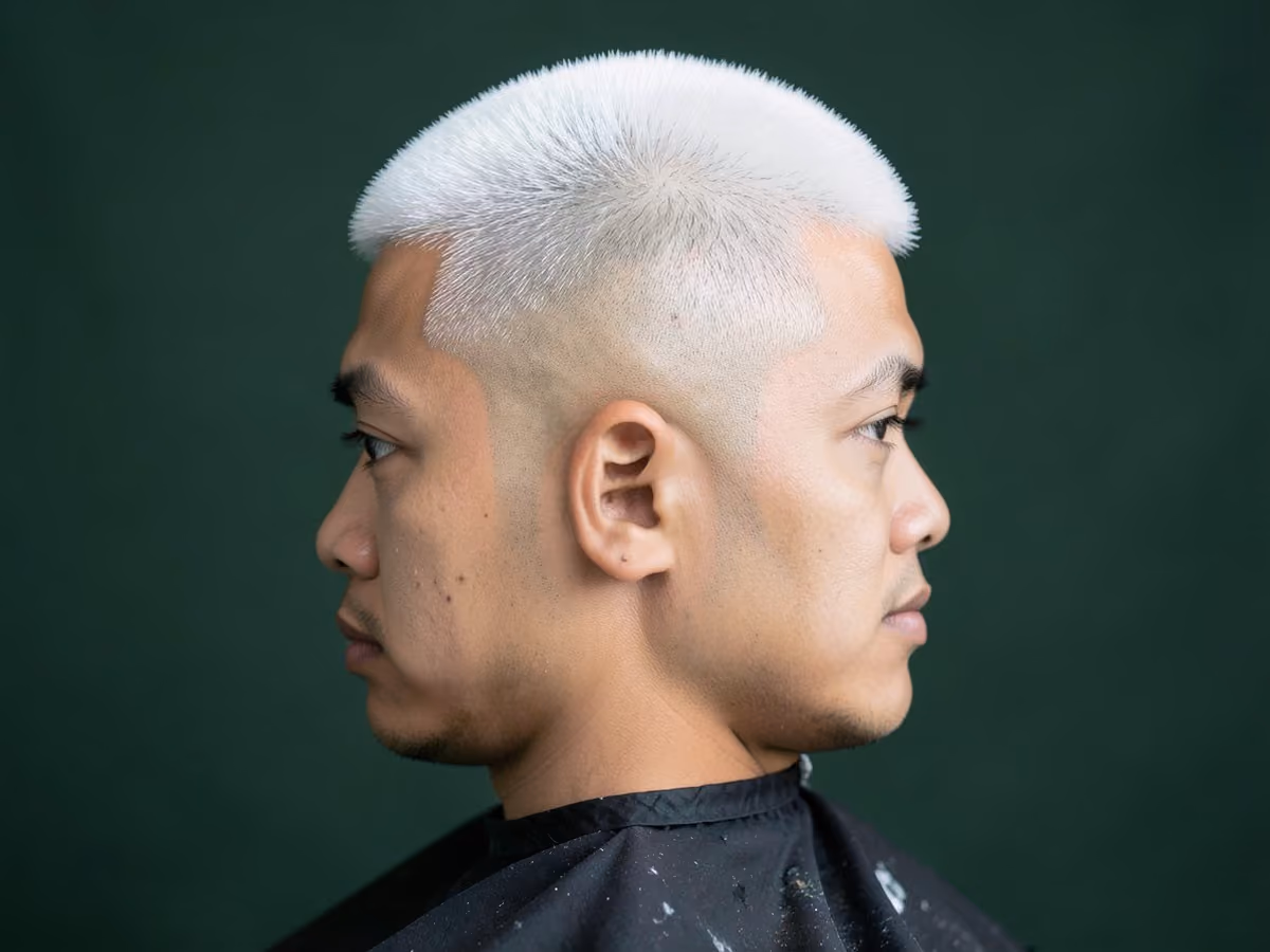 Man with a platinum crop with shaved sides haircut