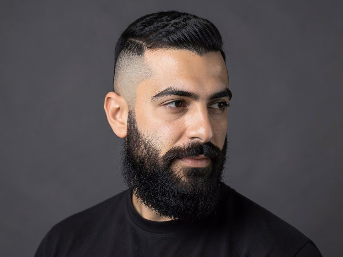 Man with a shaved sides with full beard haircut