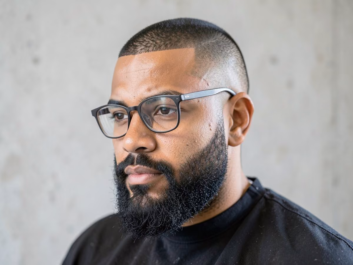 Man with a shaved sides with glasses haircut