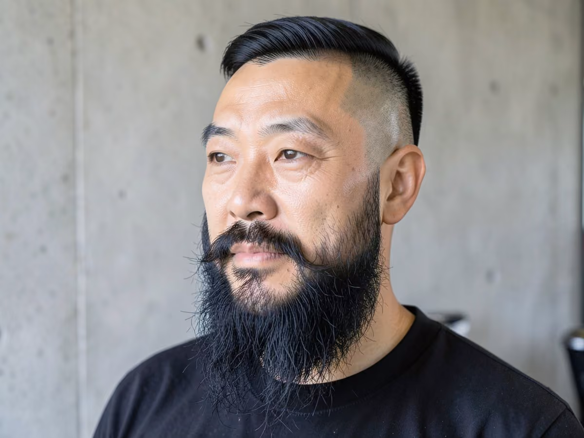 Man with a shaved sides with long beard haircut