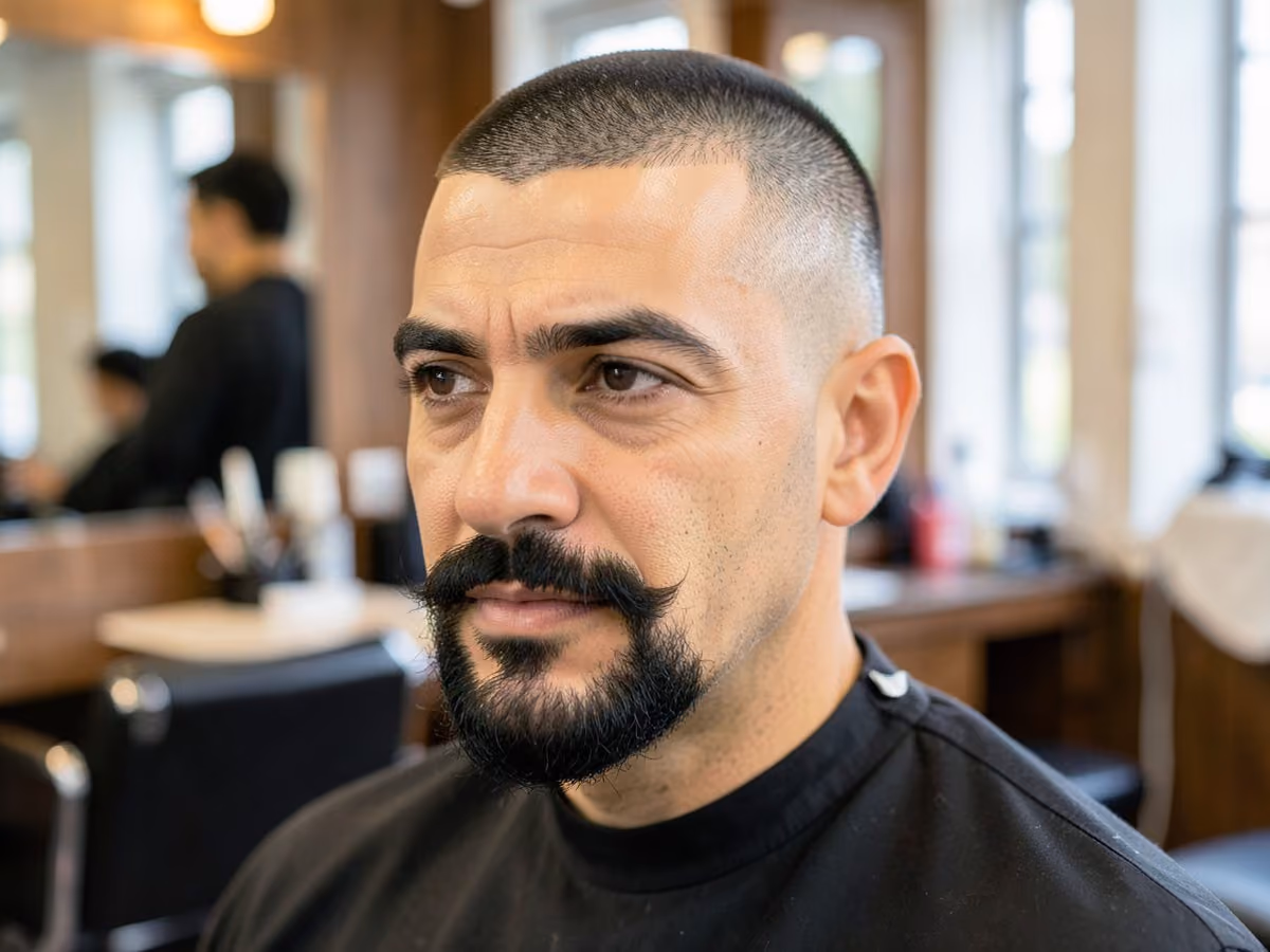 Man with a shaved sides with mustache haircut