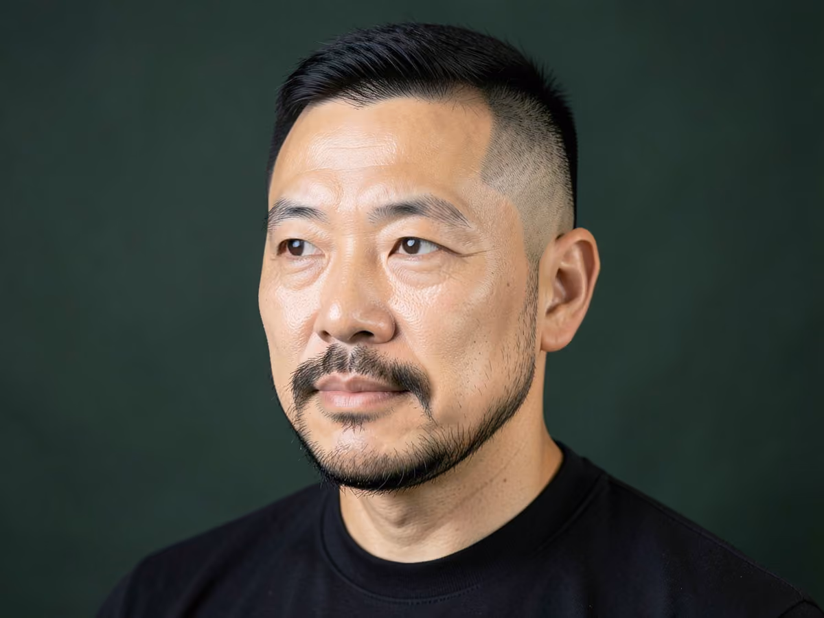 Man with a shaved sides with short boxed beard haircut