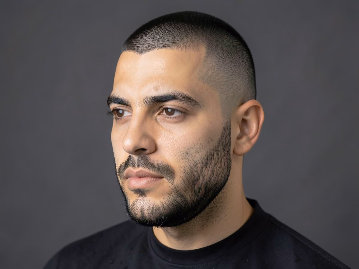 Man with a shaved sides with stubble haircut