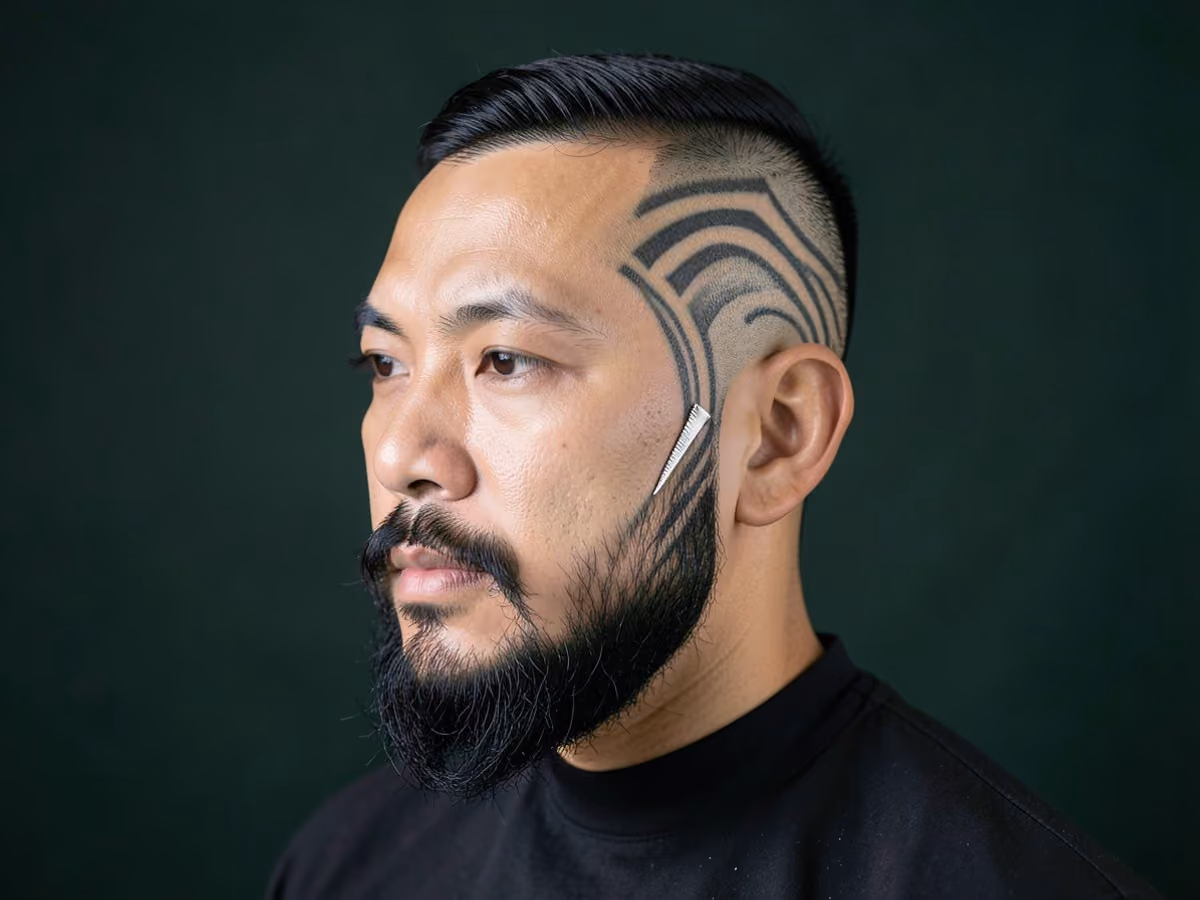 Man with a shaved sides with tribal design haircut