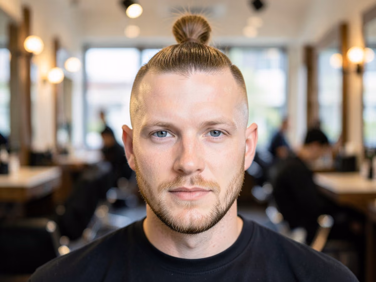 Man with a top knot with shaved sides
