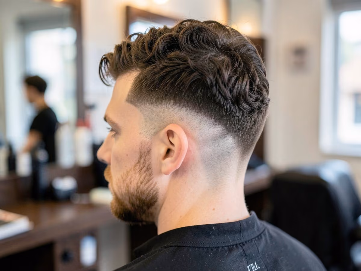 Man with a short curls with drop fade