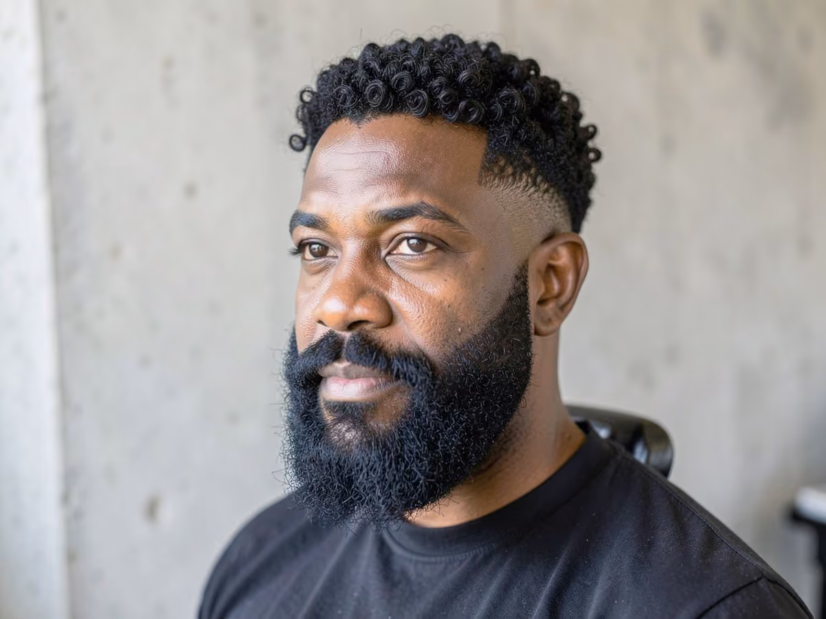 Man with a short curls with full beard haircut