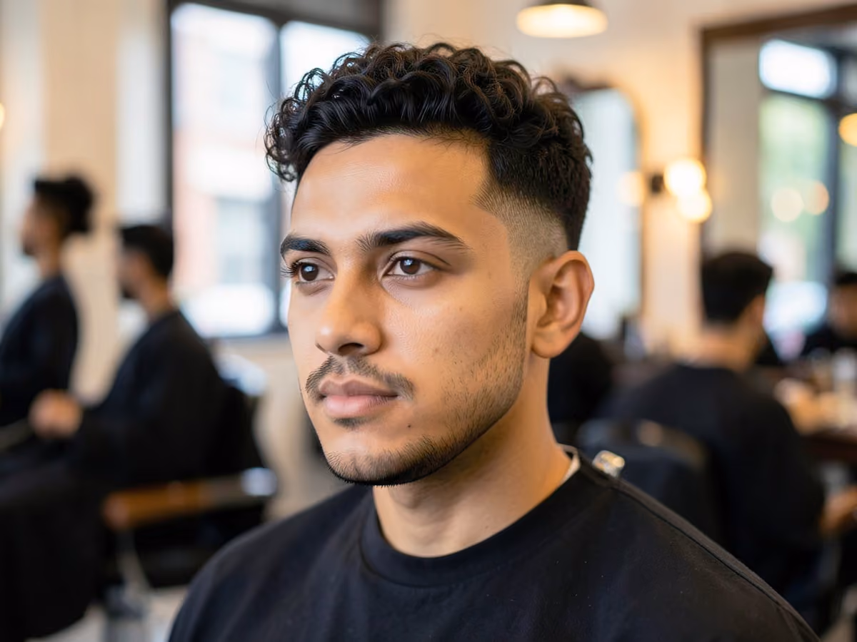 Man with a short curls with low taper haircut