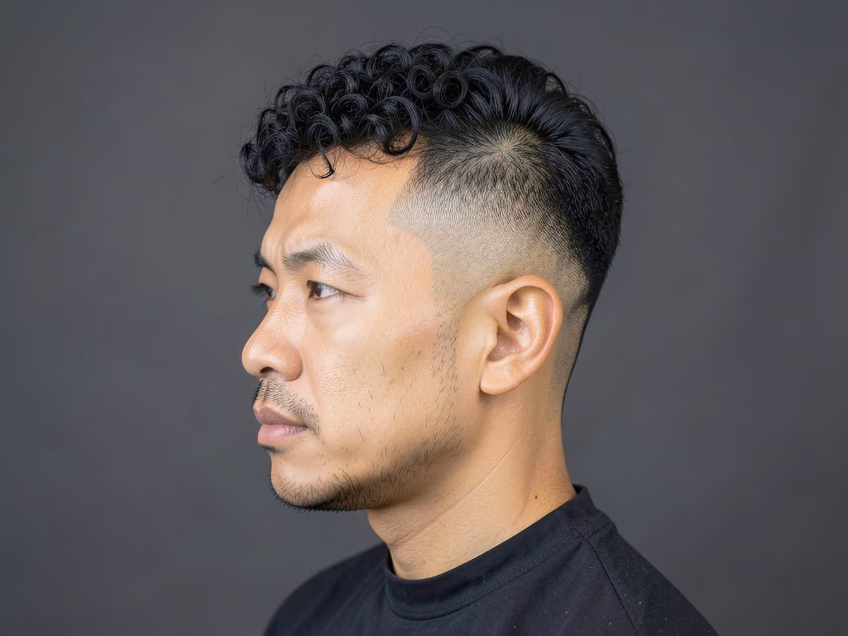 Man with a short curls with mid fade