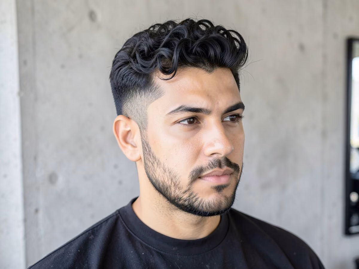 Man with a short curly brush up haircut