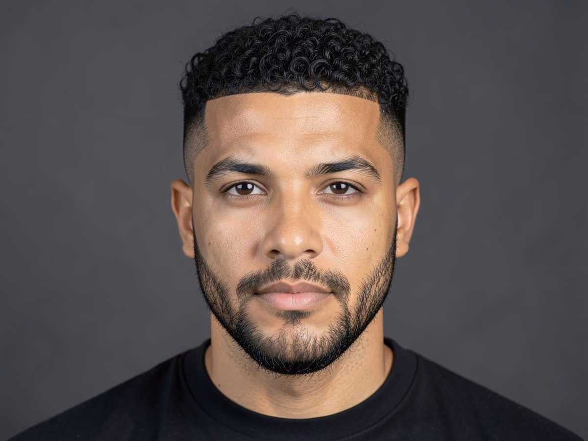 Man with a short curly caesar cut