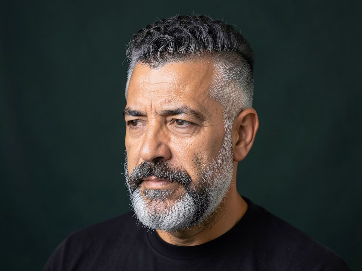 Man with a short curly faux hawk