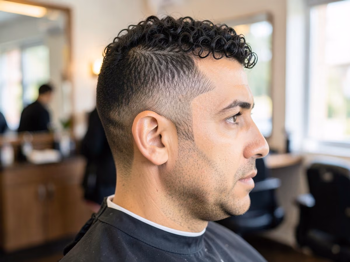 Man with a short curly french crop haircut