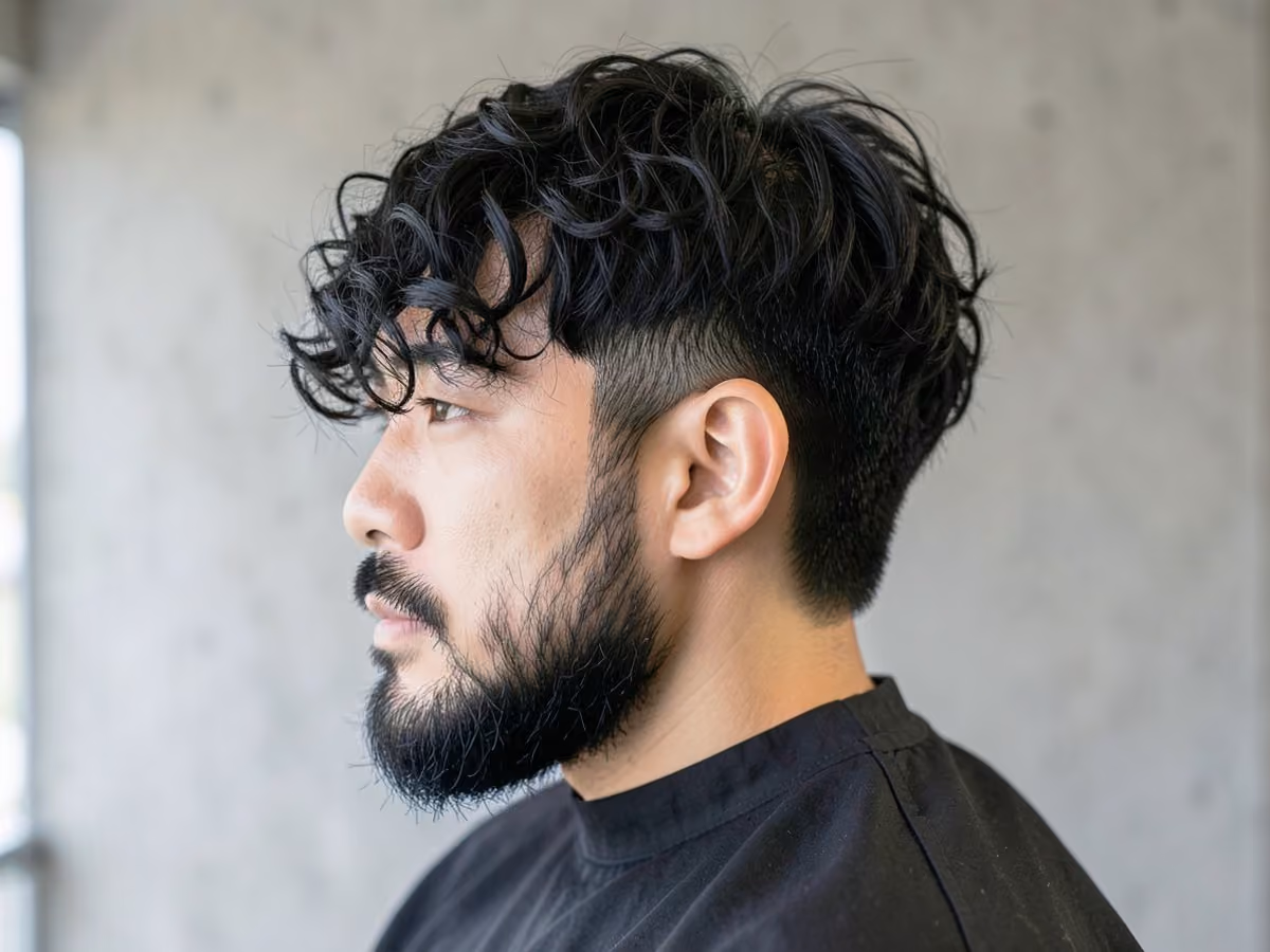 Man with a short curly fringe haircut