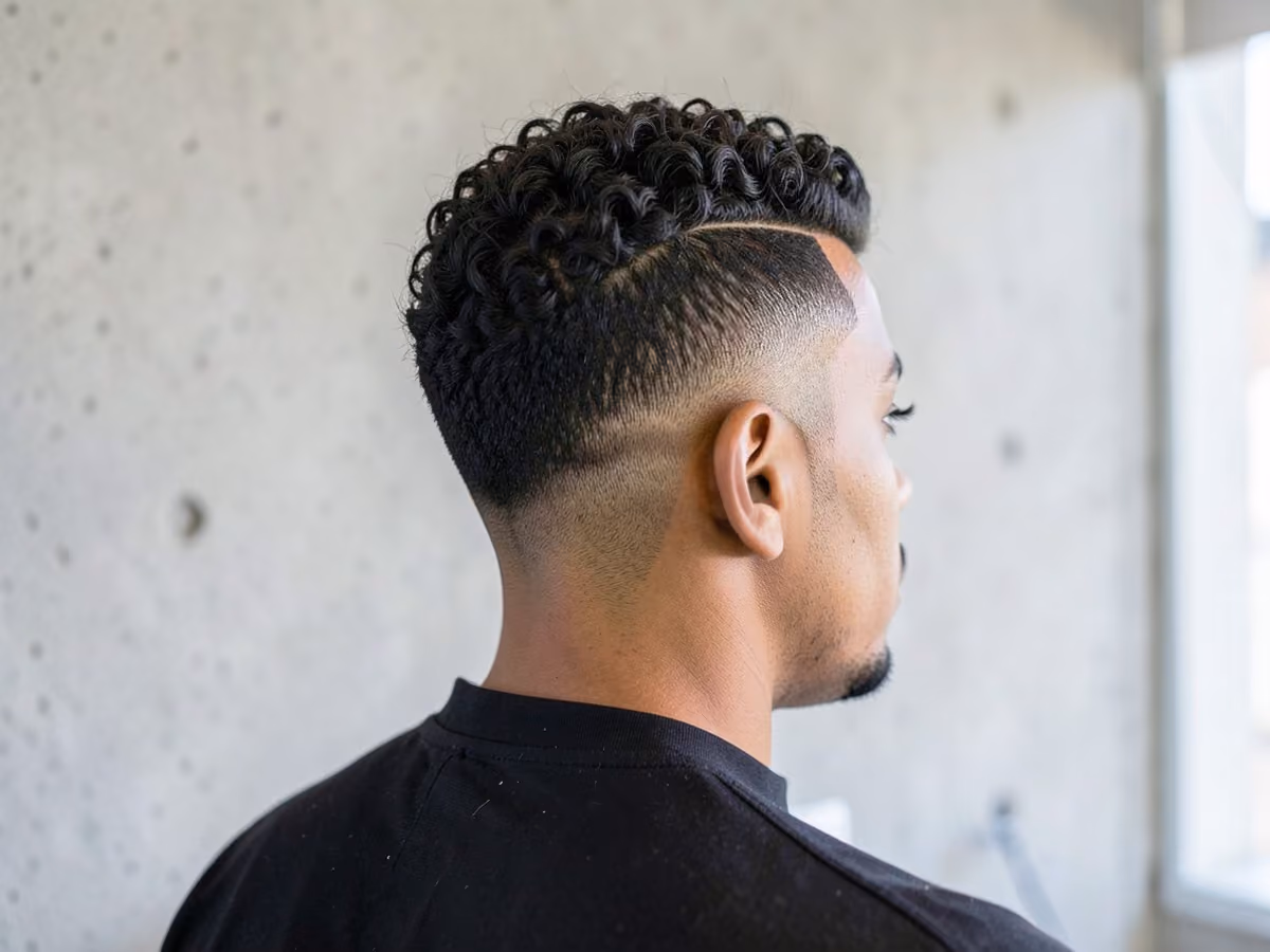 Man with a short curly hair with edge up