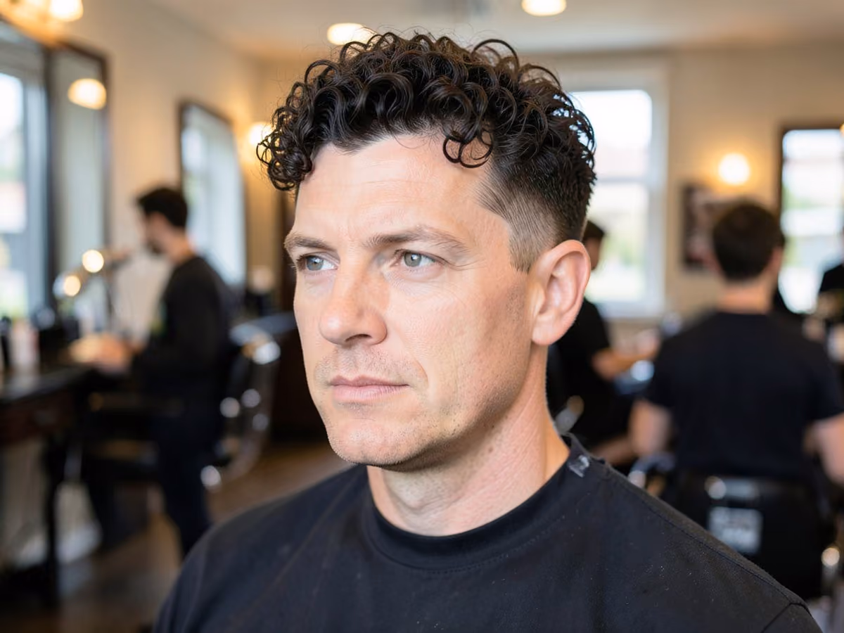 Man with a short thick curly hair