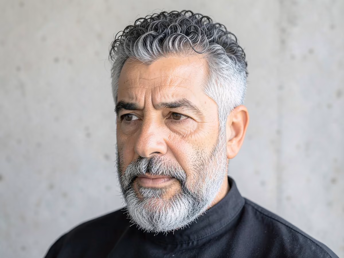 Man with a short tight curls haircut