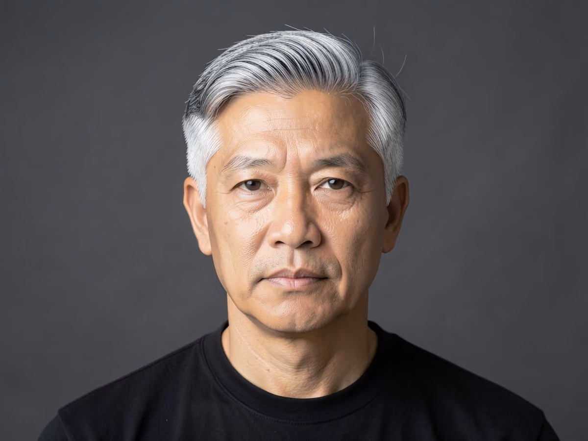 Man with a gray hair long top