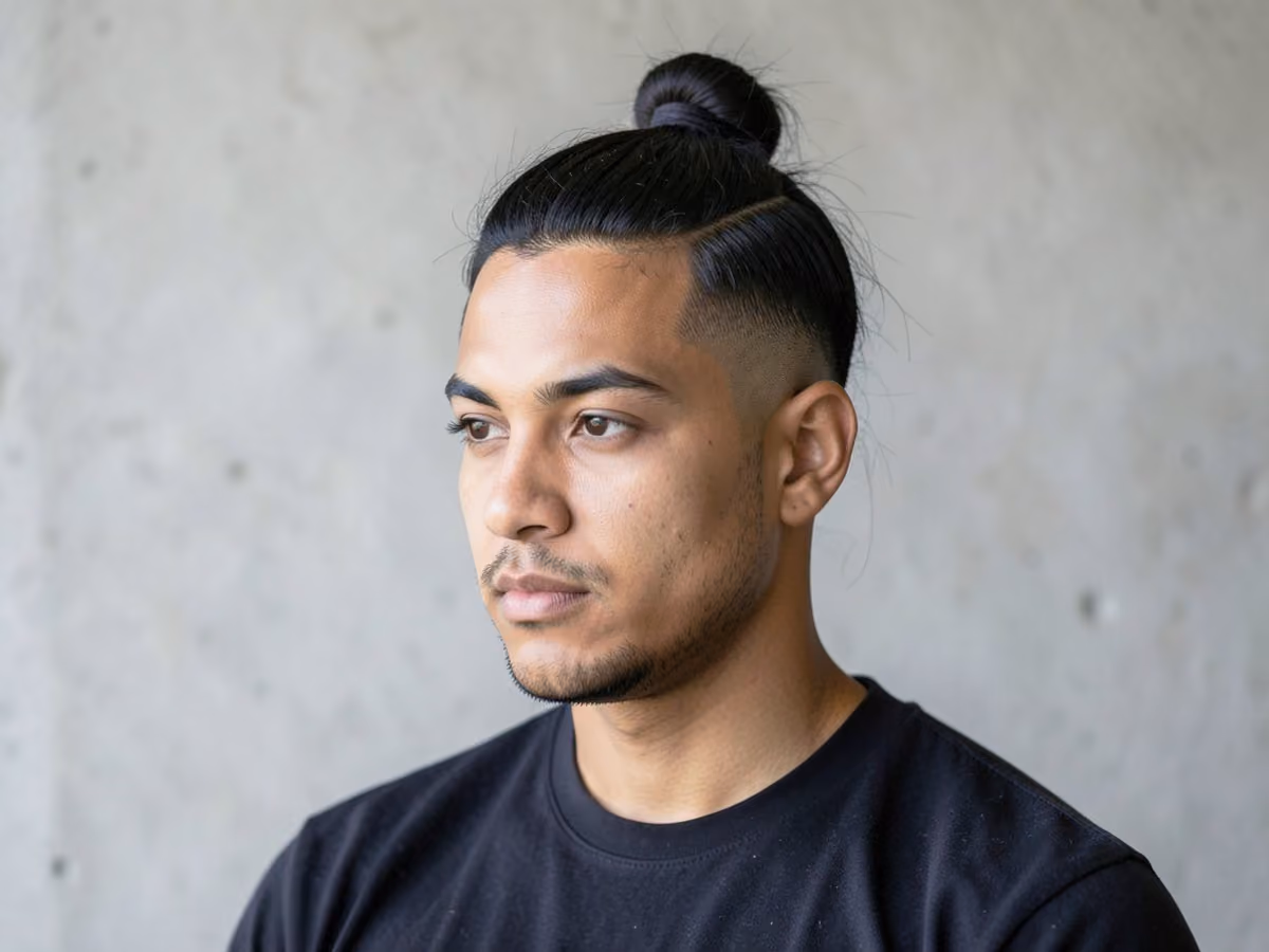 Man with a half bun with short sides haircut